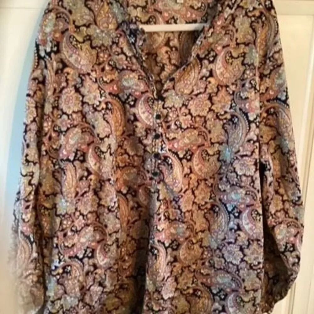 Talbots Plus Paisley Top Blouse Sz 3X Ruffled Neck Sleeve 1/2 Buttoned Down